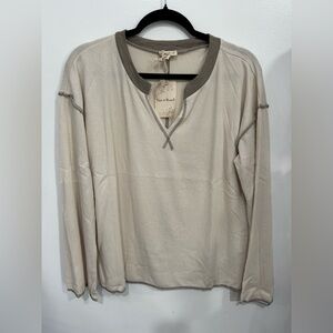 Hem & Thread Cream Long Sleeve Thermal Top with Taupe Trim
